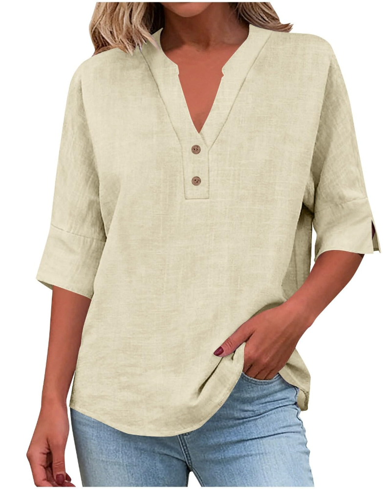 Eirlys Women’s Blouse – Cotton & Linen, Buttoned V-Neck, 3/4 Sleeves, Loose Fit