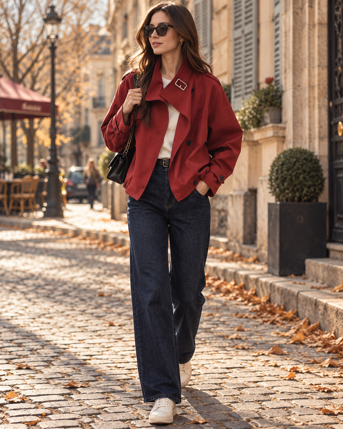 Annalisa Women's Cropped Trench Coat – Stand-Up Collar, Double-Breasted & Buckled Straps