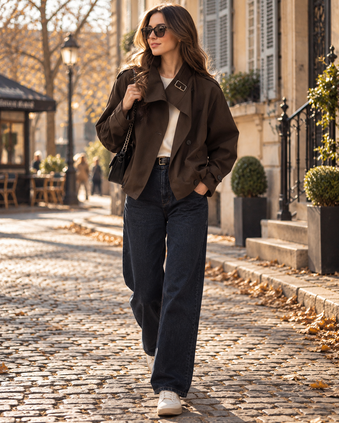 Annalisa Women's Cropped Trench Coat – Stand-Up Collar, Double-Breasted & Buckled Straps