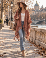 Ofel Kimono Long Femme en Velours – Motif Floral, Franges à Pompons & Coupe Fluide