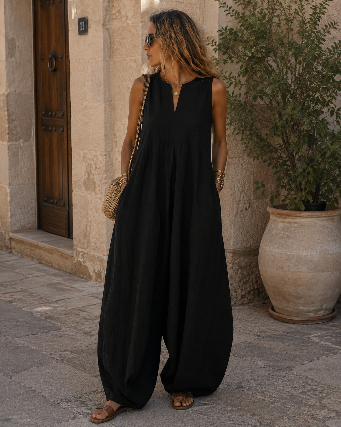 Tessa Ολόσωμη φόρμα Γυναικεία – Αμάνικη, Με Σκίσιμο στη Λαιμόκοψη, Φαρδιά Μπατζάκια & Τσέπες