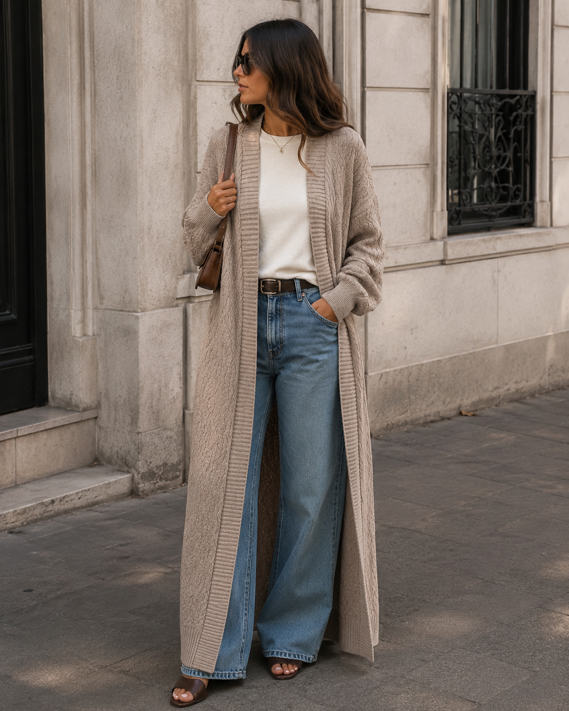 Phoebe Gilet Long en Maille Femme – Coupe Fluide, Maille Texturée & Style Élégant