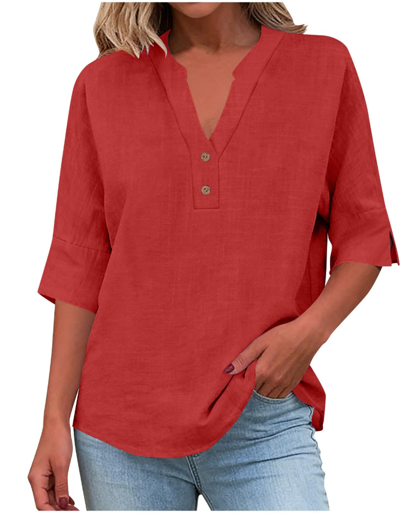 Eirlys Women’s Blouse – Cotton & Linen, Buttoned V-Neck, 3/4 Sleeves, Loose Fit