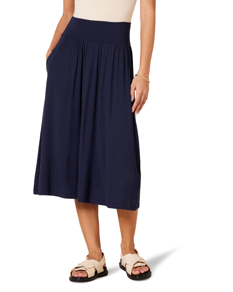 Ione Saia Midi de Mulher – Jersey de Viscose Elástico, Cintura Elástica, Franzidos e Bolsos