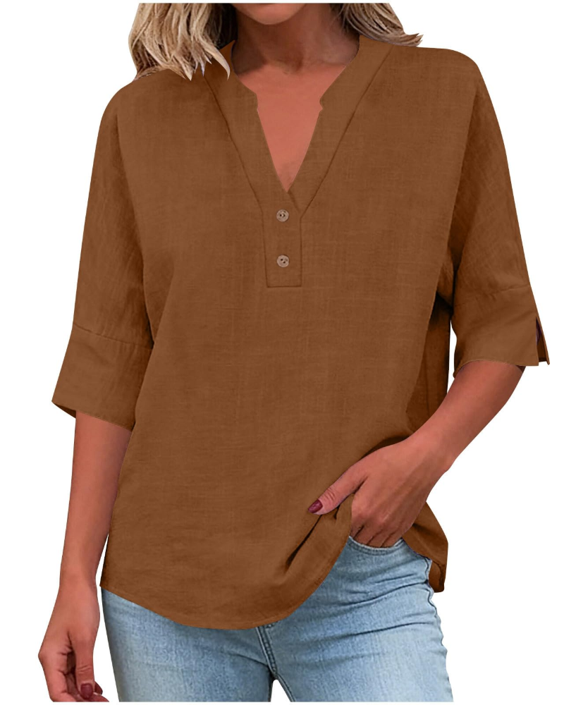 Eirlys Women’s Blouse – Cotton & Linen, Buttoned V-Neck, 3/4 Sleeves, Loose Fit