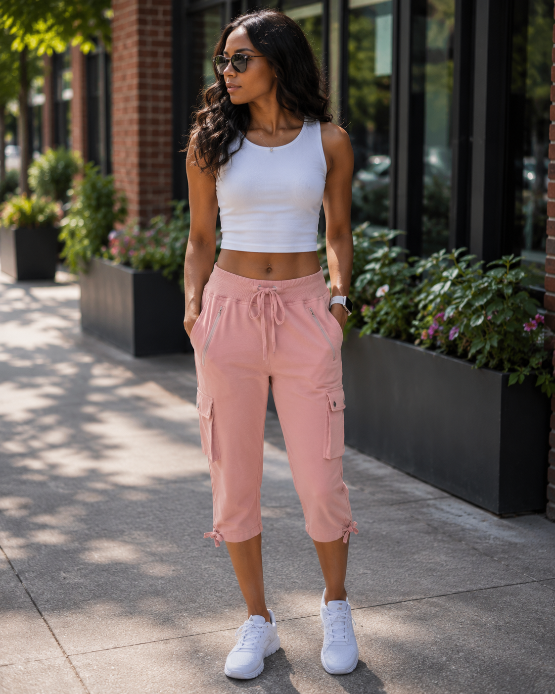 Calças cargo capri de mulher Lucie – 3/4 leves, respiráveis, com 4 bolsos e cordão ajustável