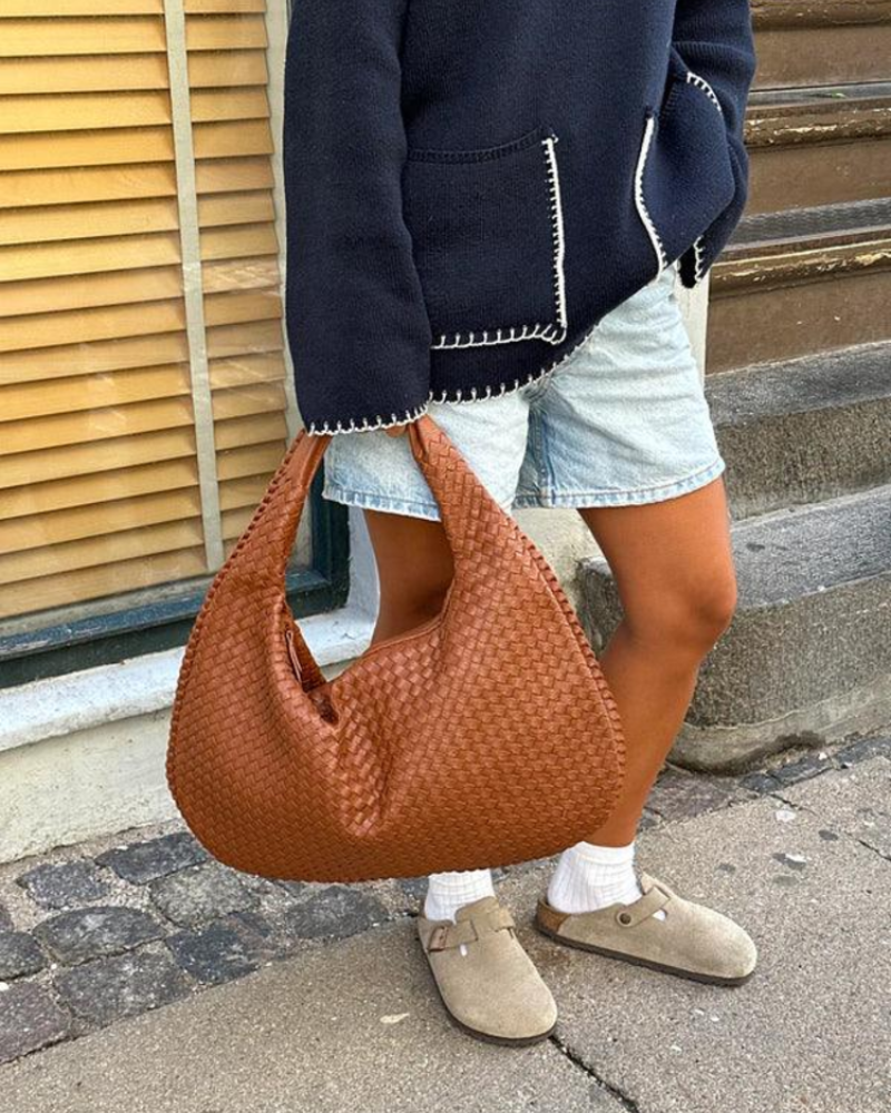 Rowena Damen-Handtasche – Geflochtene Umhängetasche aus veganem Leder mit Reißverschlussfächern