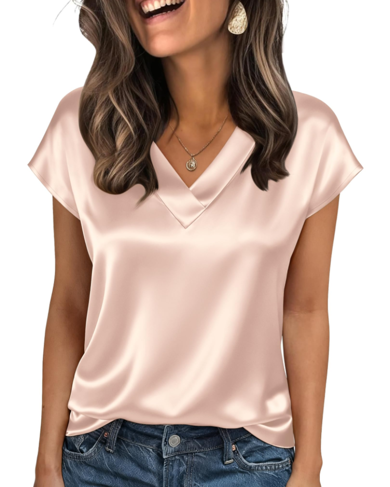 Hadley Damen-Satinbluse – V-Ausschnitt, kurze Ärmel, eleganter, fließender Schnitt