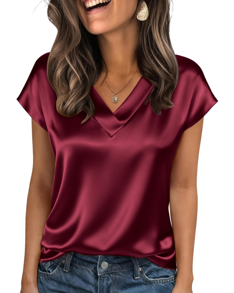 Hadley Damen-Satinbluse – V-Ausschnitt, kurze Ärmel, eleganter, fließender Schnitt