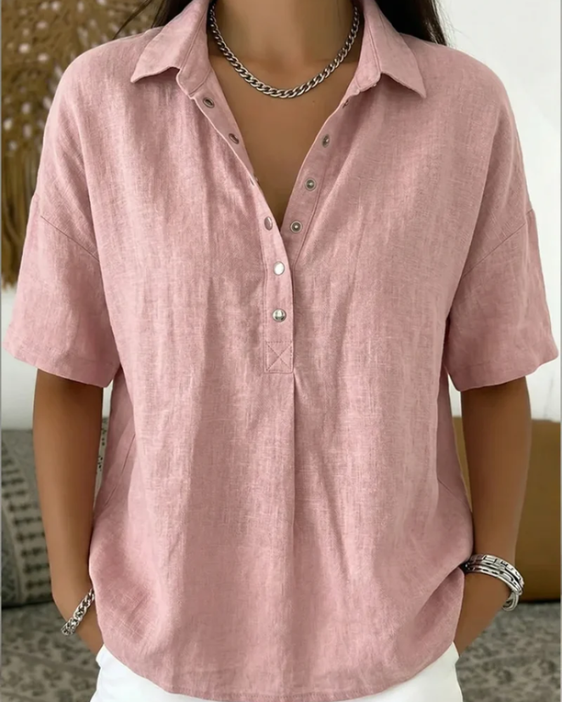 Bluza pentru femei Helena cu decolteu în V – Cămașă smart casual cu mâneci scurte și detaliu cu nasturi