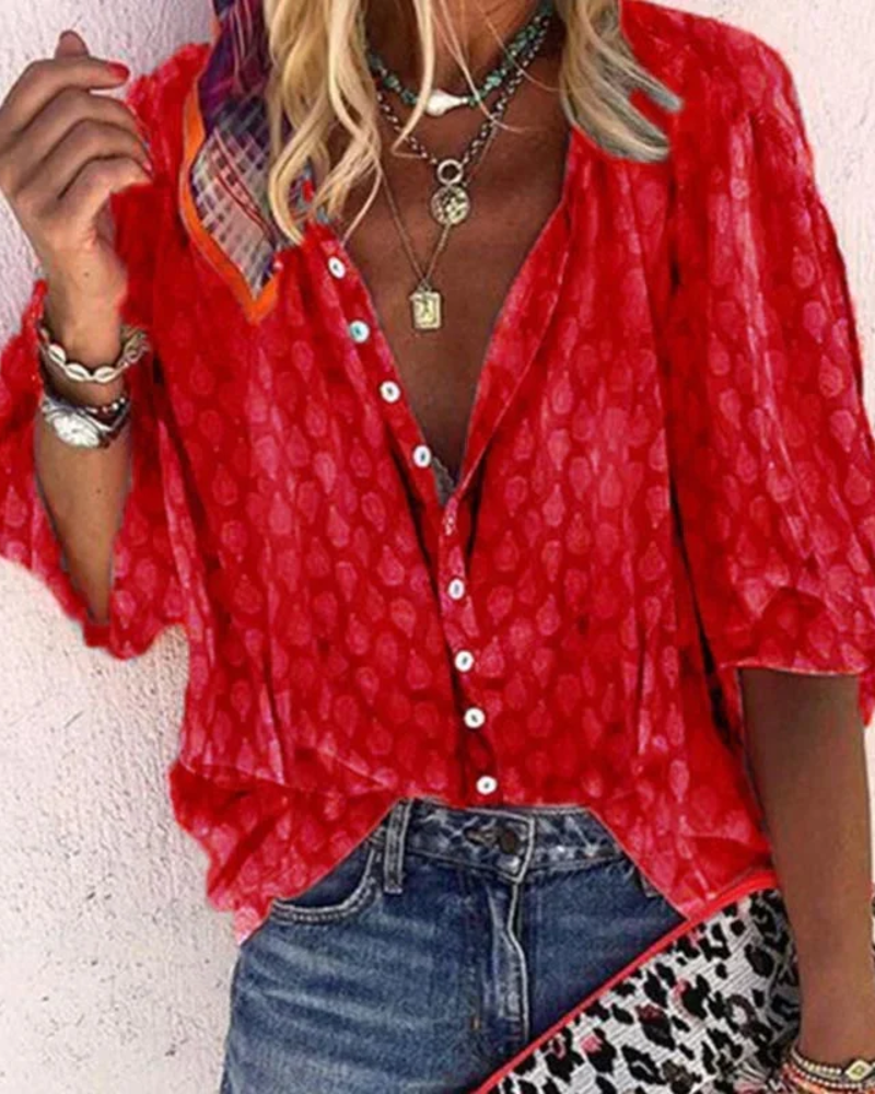 Adeline Dames Blouse met Print – V-Hals, Knoopsluiting, Korte Mouwen, Slim Casual Shirt