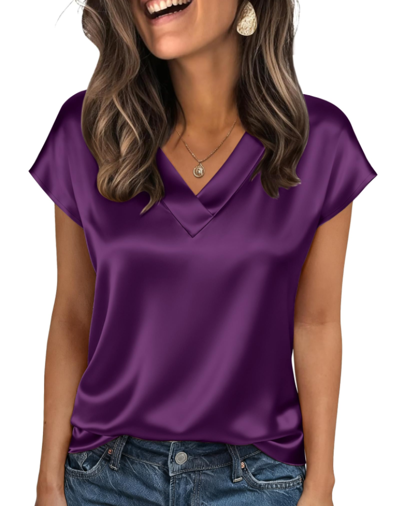 Hadley Damen-Satinbluse – V-Ausschnitt, kurze Ärmel, eleganter, fließender Schnitt