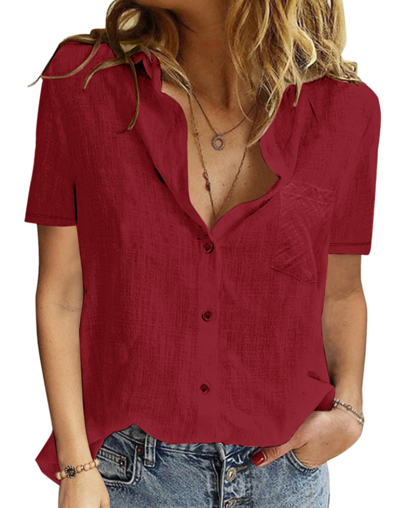Celestine Blouse Femme – 100 % Coton, Col V Boutonné, Manches Courtes & Coupe Ample