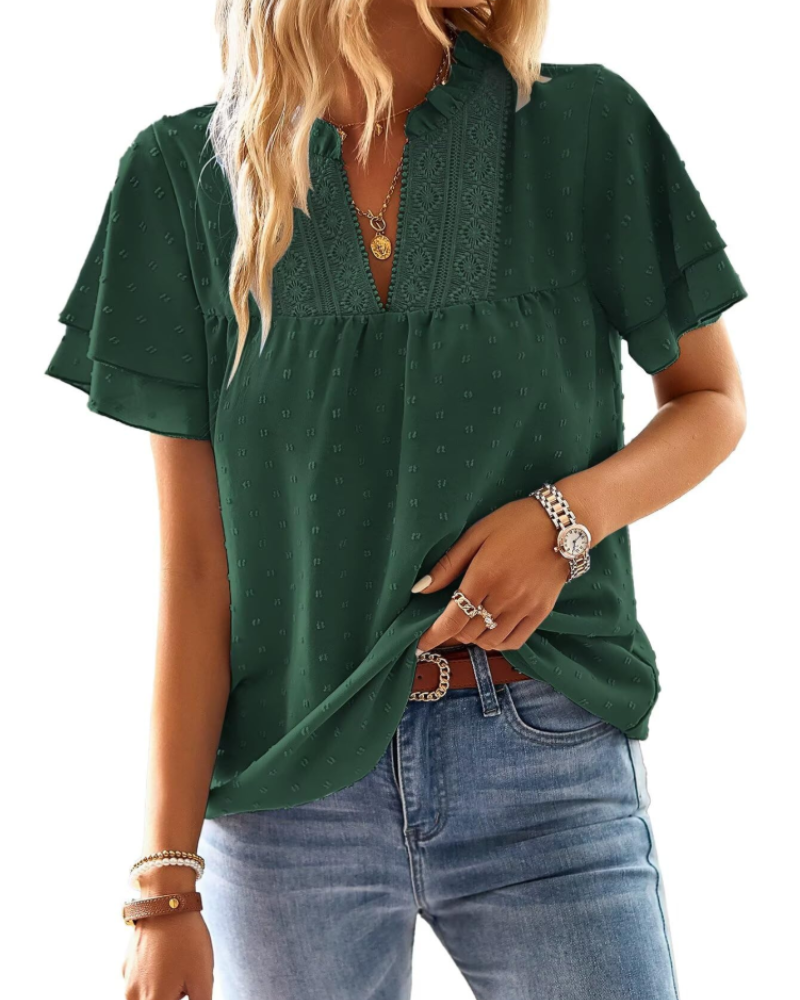 Ženska bluza Marley s V-izrezom – heklana čipka, kratki rukavi, ležeran plisirani kroj