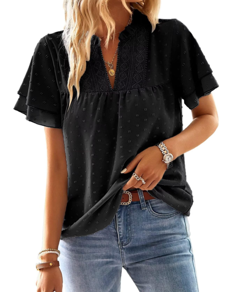 Ženska bluza Marley s V-izrezom – heklana čipka, kratki rukavi, ležeran plisirani kroj