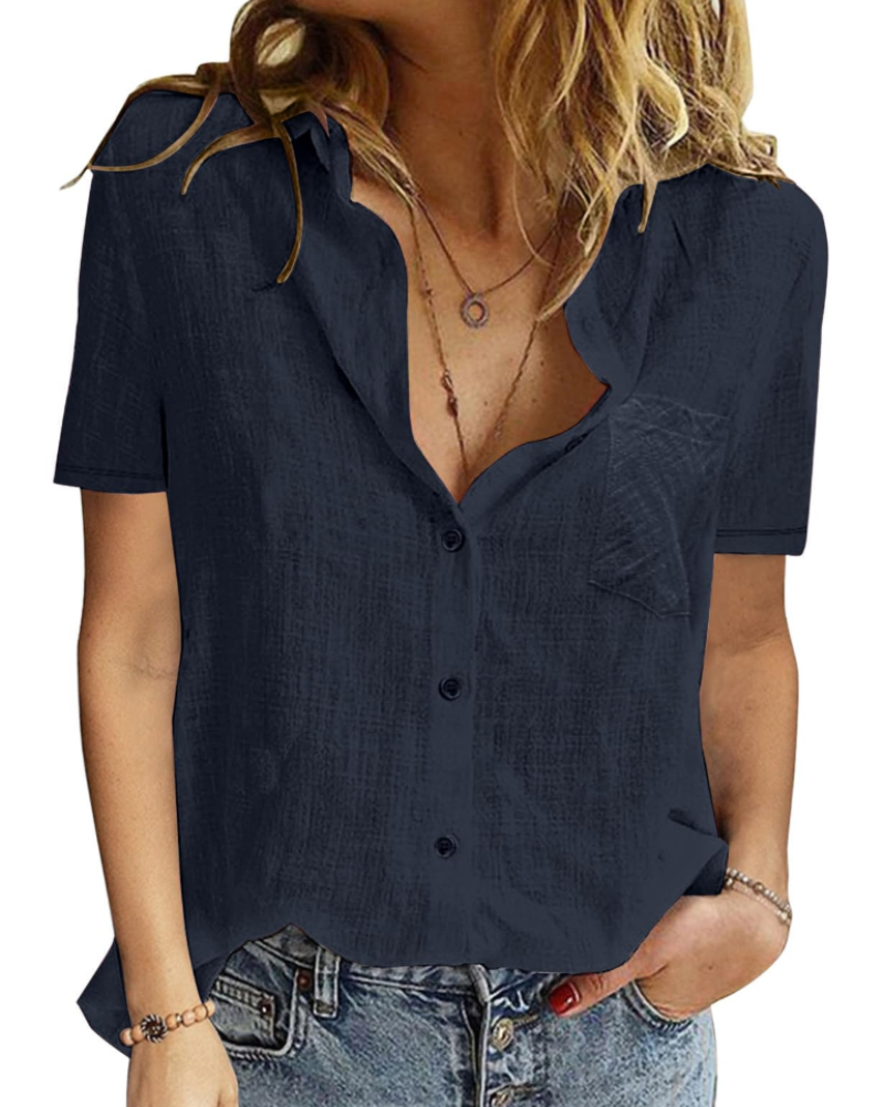 Celestine Blouse Femme – 100 % Coton, Col V Boutonné, Manches Courtes & Coupe Ample