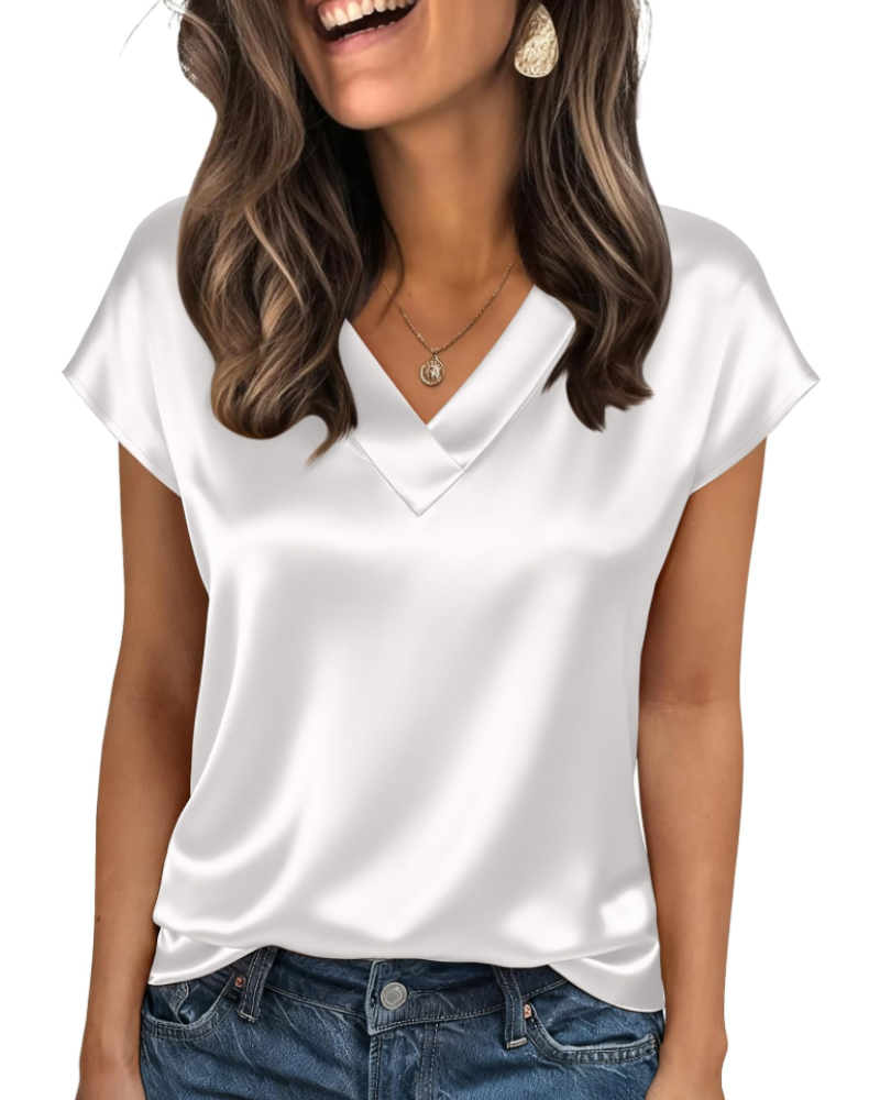 Hadley Damen-Satinbluse – V-Ausschnitt, kurze Ärmel, eleganter, fließender Schnitt