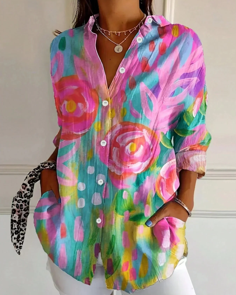 Aurélie Chemisier Femme – Blouse Florale Colorée à Boutons Coupe Ample Manches Longues