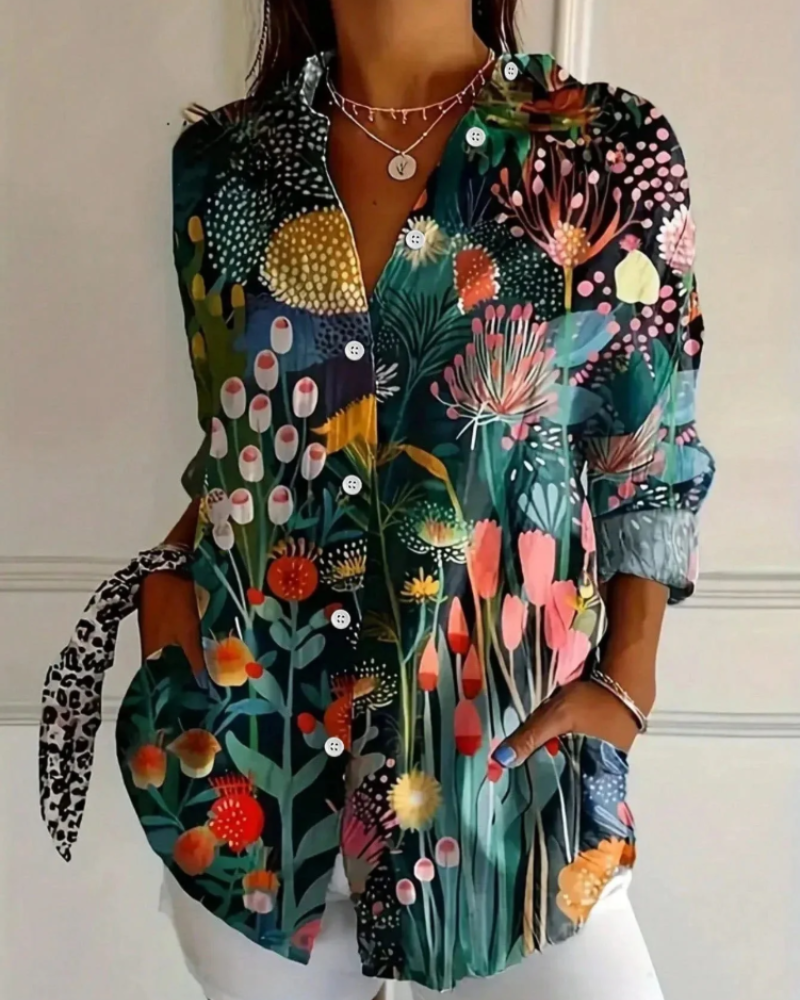 Aurélie Chemisier Femme – Blouse Florale Colorée à Boutons Coupe Ample Manches Longues