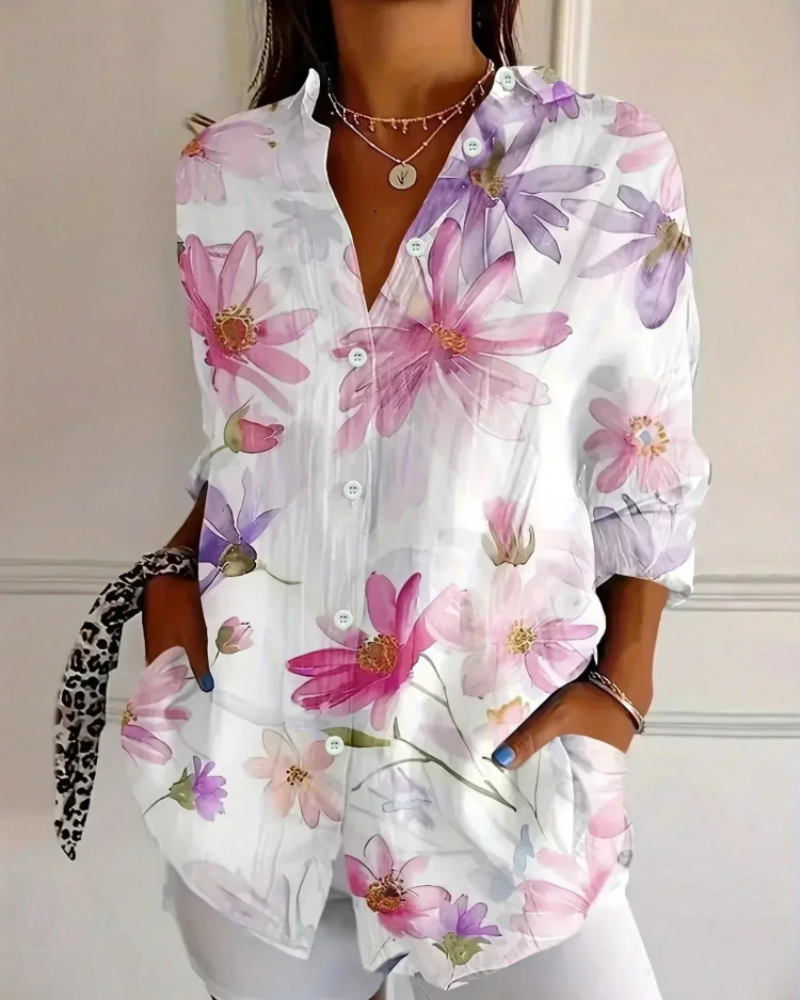 Aurélie Chemisier Femme – Blouse Florale Colorée à Boutons Coupe Ample Manches Longues