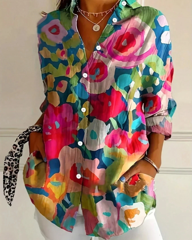 Aurélie Chemisier Femme – Blouse Florale Colorée à Boutons Coupe Ample Manches Longues