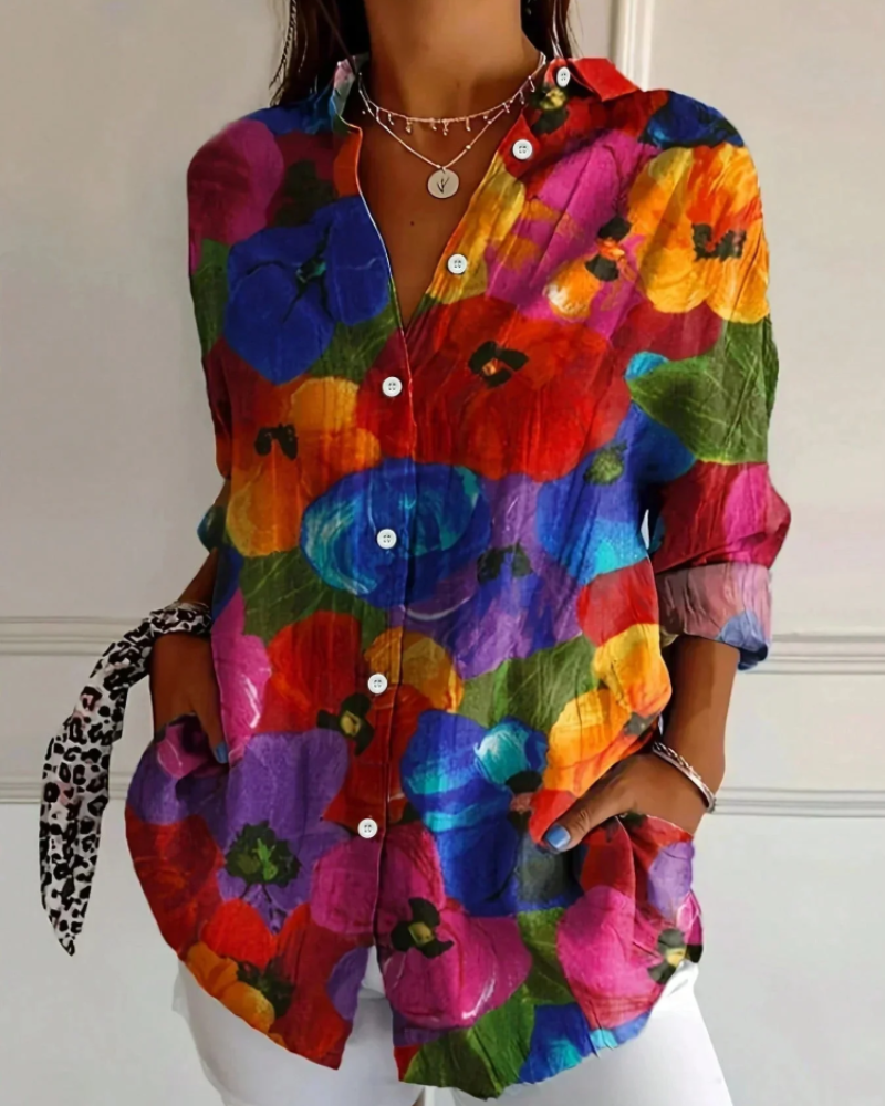 Aurélie Chemisier Femme – Blouse Florale Colorée à Boutons Coupe Ample Manches Longues