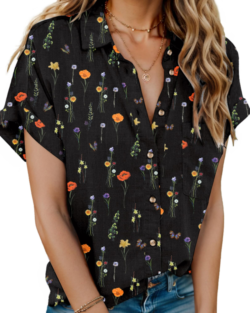Maristella Chemisier Femme – 100 % Coton, Col V, Manches Courtes, Boutonné & Poche