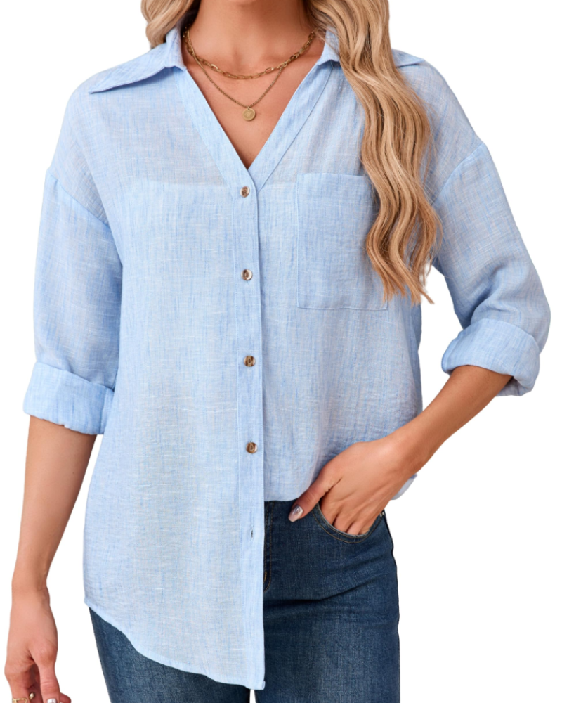 Aveline Chemisier Femme – 70 % Coton & 30 % Lin, Col V, Manches 3/4 & Poche Poitrine