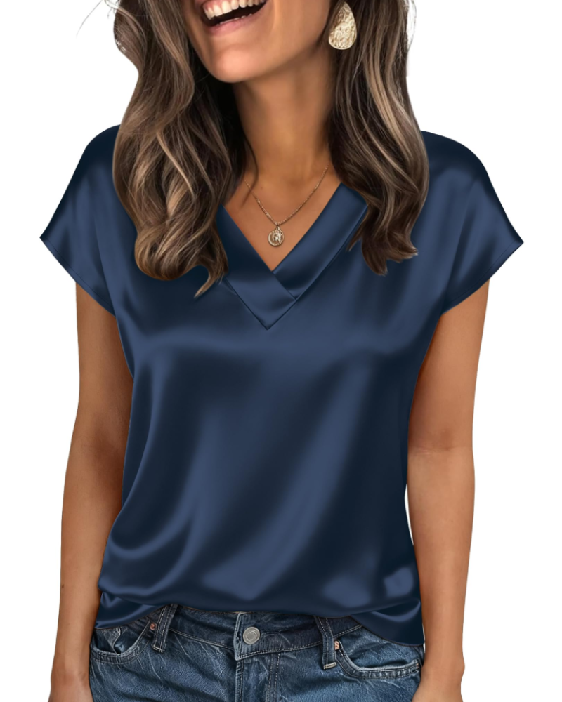 Hadley Damen-Satinbluse – V-Ausschnitt, kurze Ärmel, eleganter, fließender Schnitt