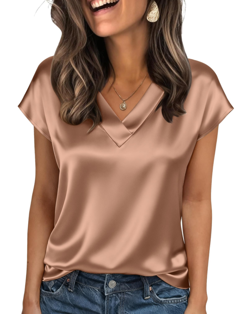 Hadley Damen-Satinbluse – V-Ausschnitt, kurze Ärmel, eleganter, fließender Schnitt