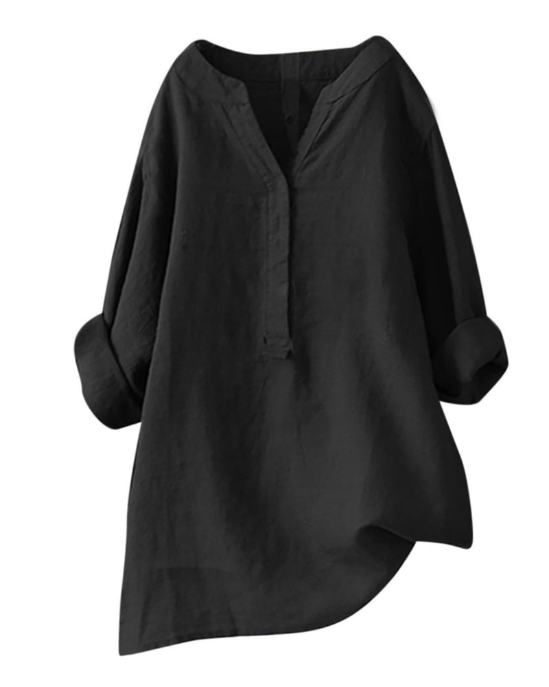 Túnica de mujer Anneliese – Algodón y lino, cuello en V, mangas largas, corte holgado