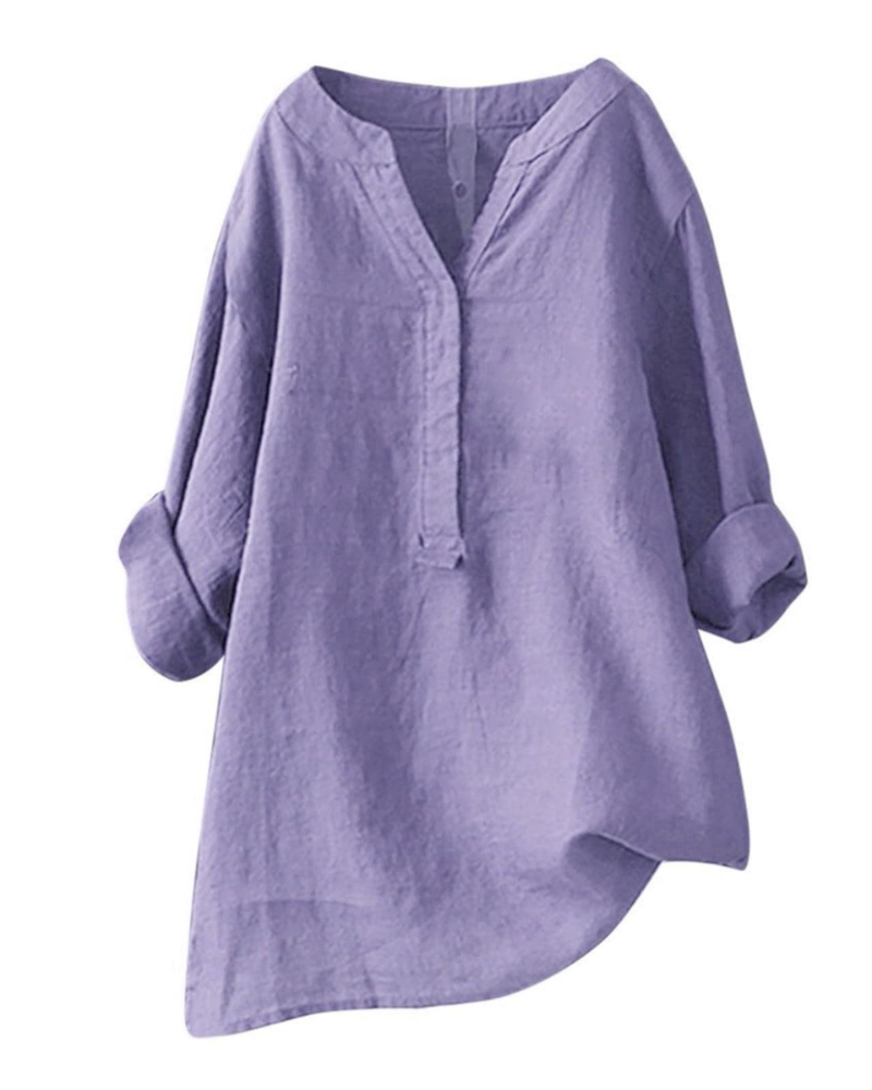 Túnica de mujer Anneliese – Algodón y lino, cuello en V, mangas largas, corte holgado