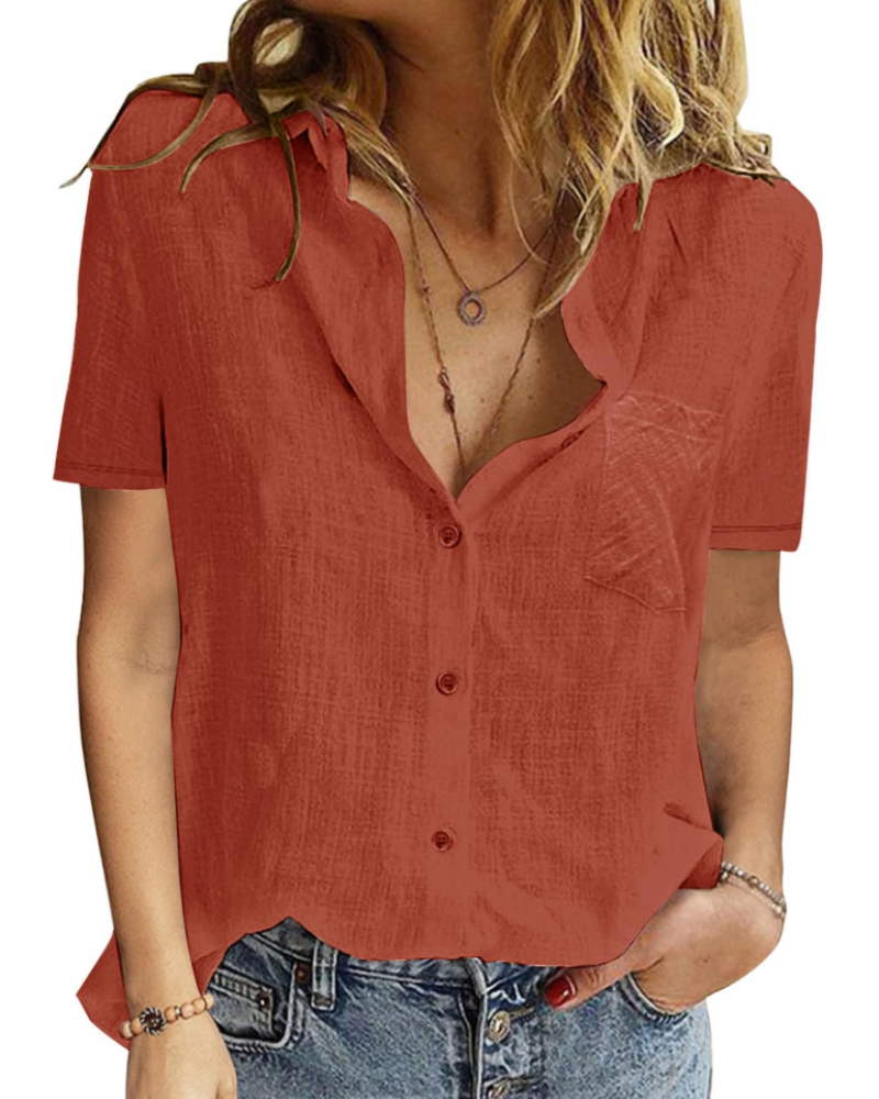 Celestine Blouse Femme – 100 % Coton, Col V Boutonné, Manches Courtes & Coupe Ample