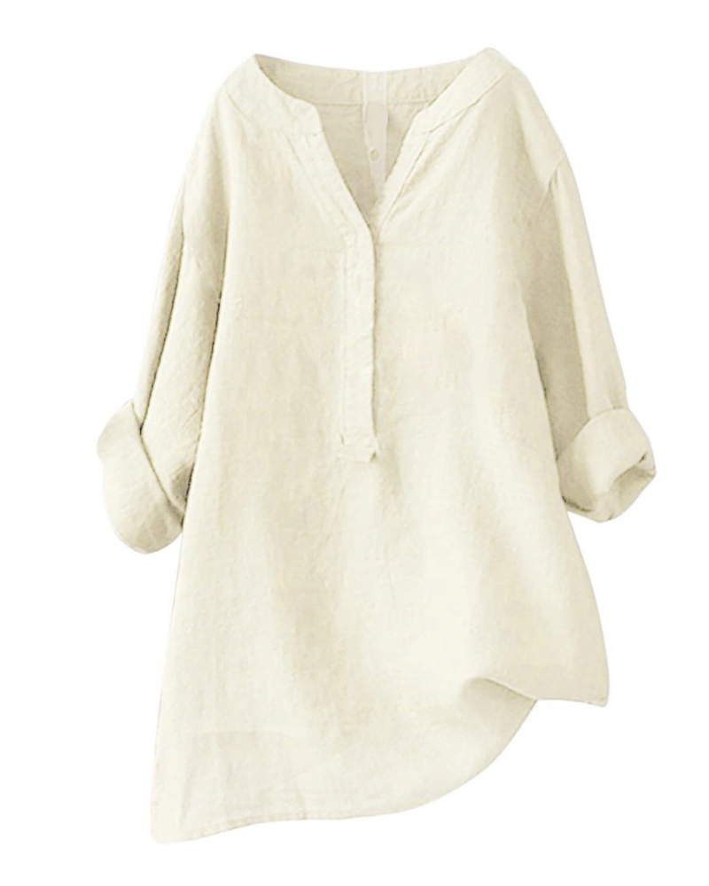 Túnica de mujer Anneliese – Algodón y lino, cuello en V, mangas largas, corte holgado