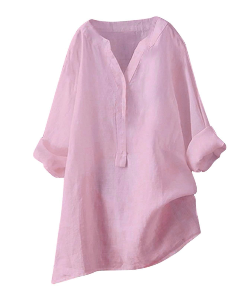 Túnica de mujer Anneliese – Algodón y lino, cuello en V, mangas largas, corte holgado