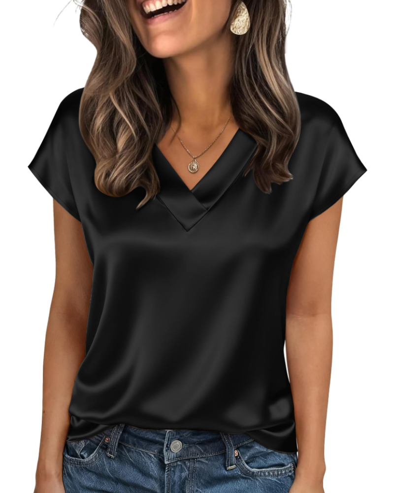 Hadley Damen-Satinbluse – V-Ausschnitt, kurze Ärmel, eleganter, fließender Schnitt