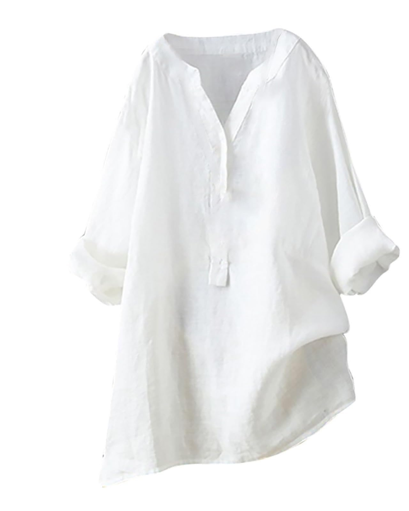 Túnica de mujer Anneliese – Algodón y lino, cuello en V, mangas largas, corte holgado