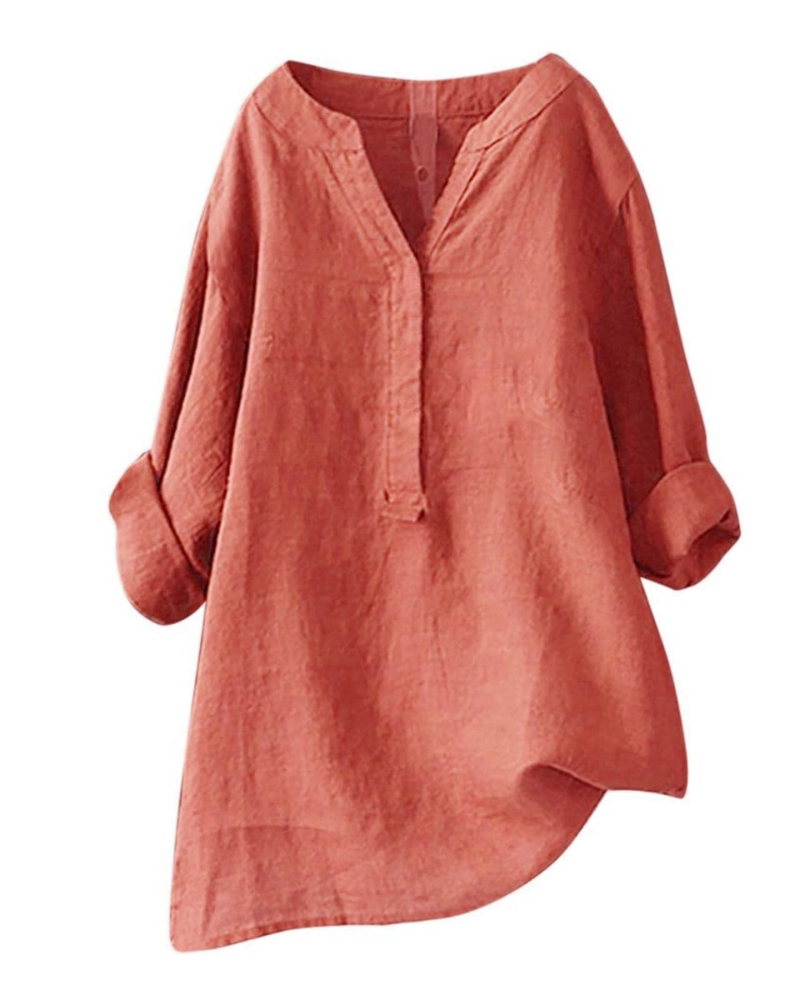 Túnica de mujer Anneliese – Algodón y lino, cuello en V, mangas largas, corte holgado