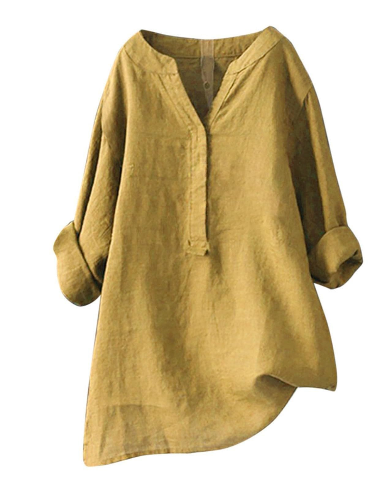 Túnica de mujer Anneliese – Algodón y lino, cuello en V, mangas largas, corte holgado