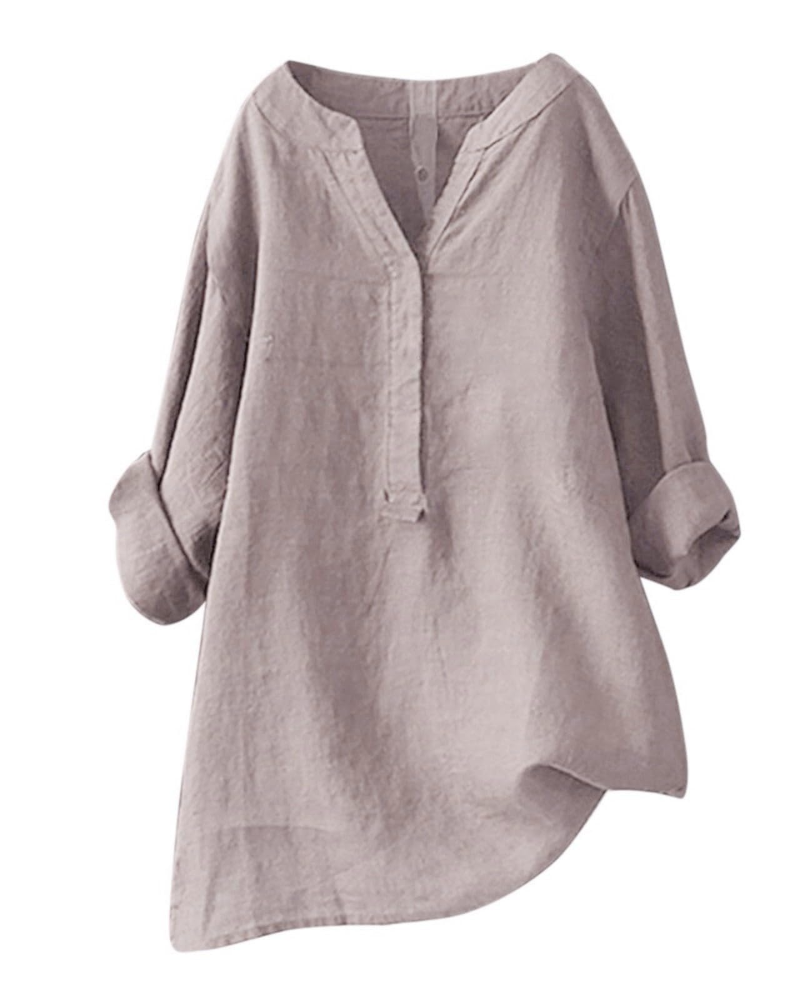 Túnica de mujer Anneliese – Algodón y lino, cuello en V, mangas largas, corte holgado