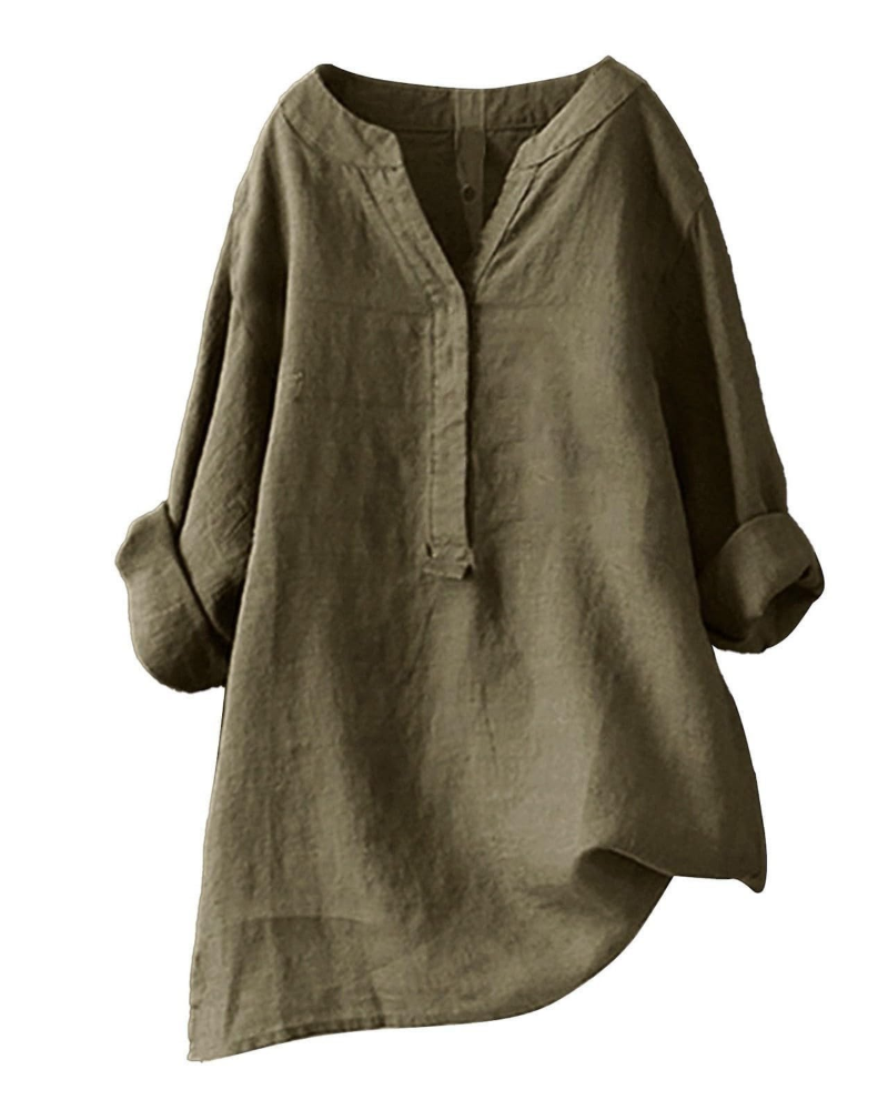 Túnica de mujer Anneliese – Algodón y lino, cuello en V, mangas largas, corte holgado