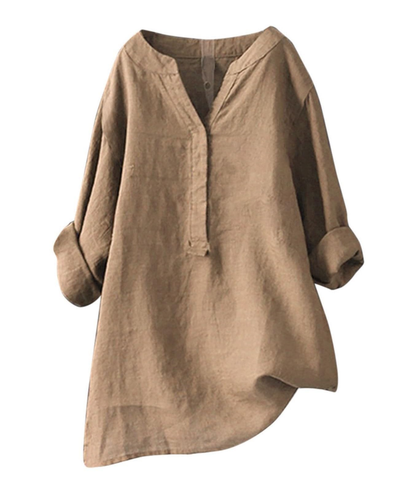 Túnica de mujer Anneliese – Algodón y lino, cuello en V, mangas largas, corte holgado