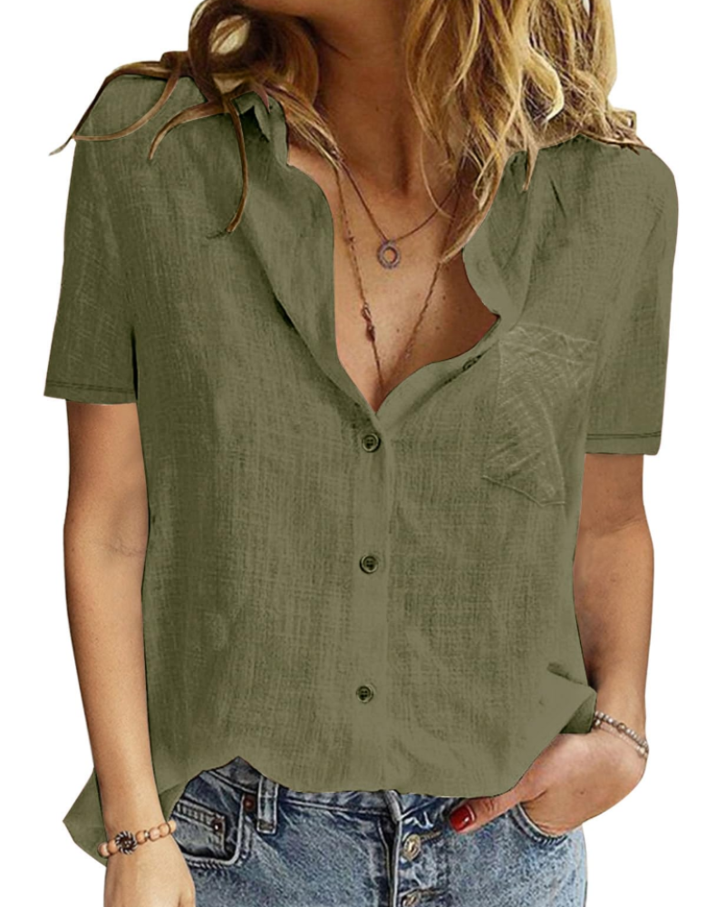 Celestine Blouse Femme – 100 % Coton, Col V Boutonné, Manches Courtes & Coupe Ample