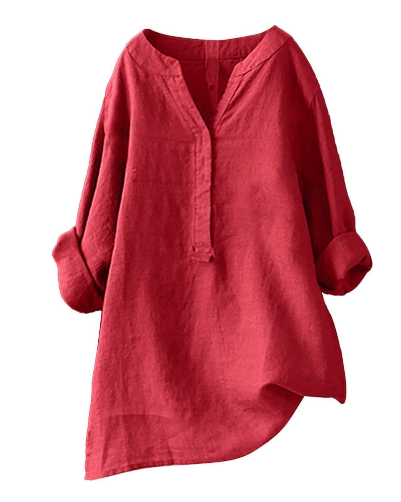 Túnica de mujer Anneliese – Algodón y lino, cuello en V, mangas largas, corte holgado