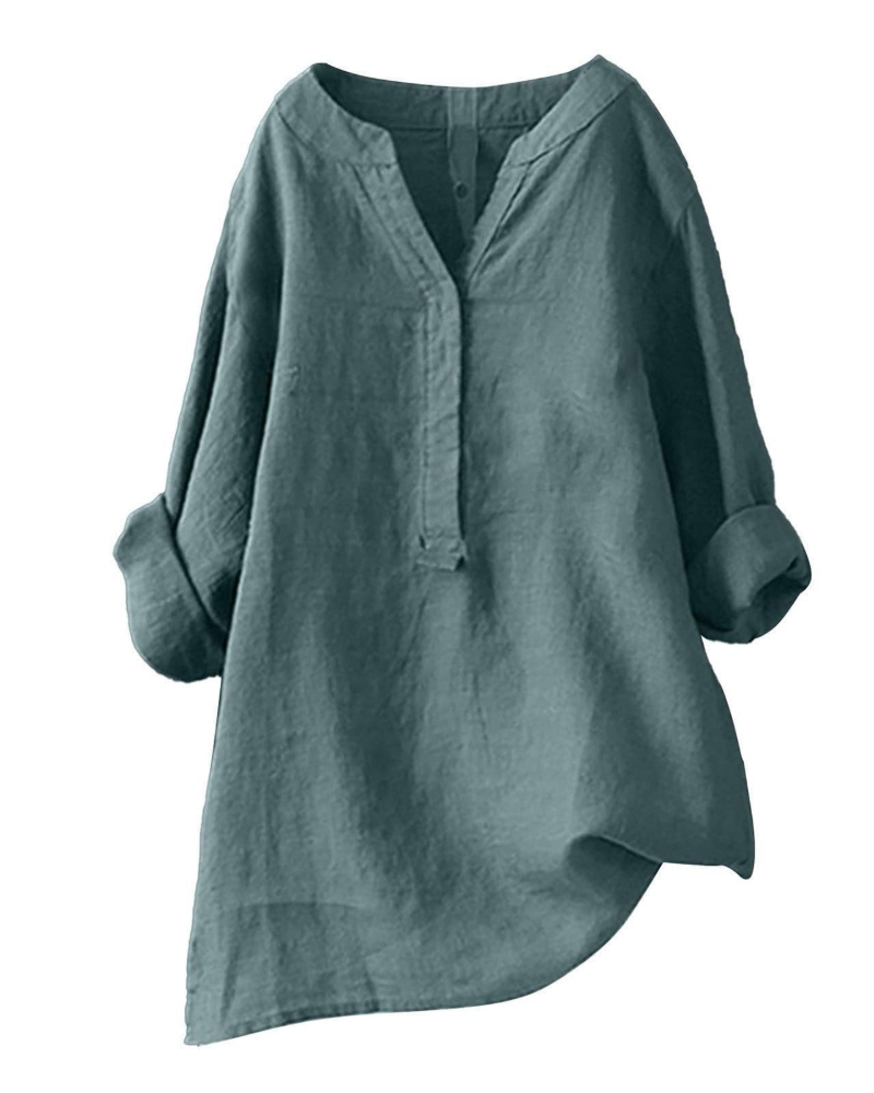 Túnica de mujer Anneliese – Algodón y lino, cuello en V, mangas largas, corte holgado