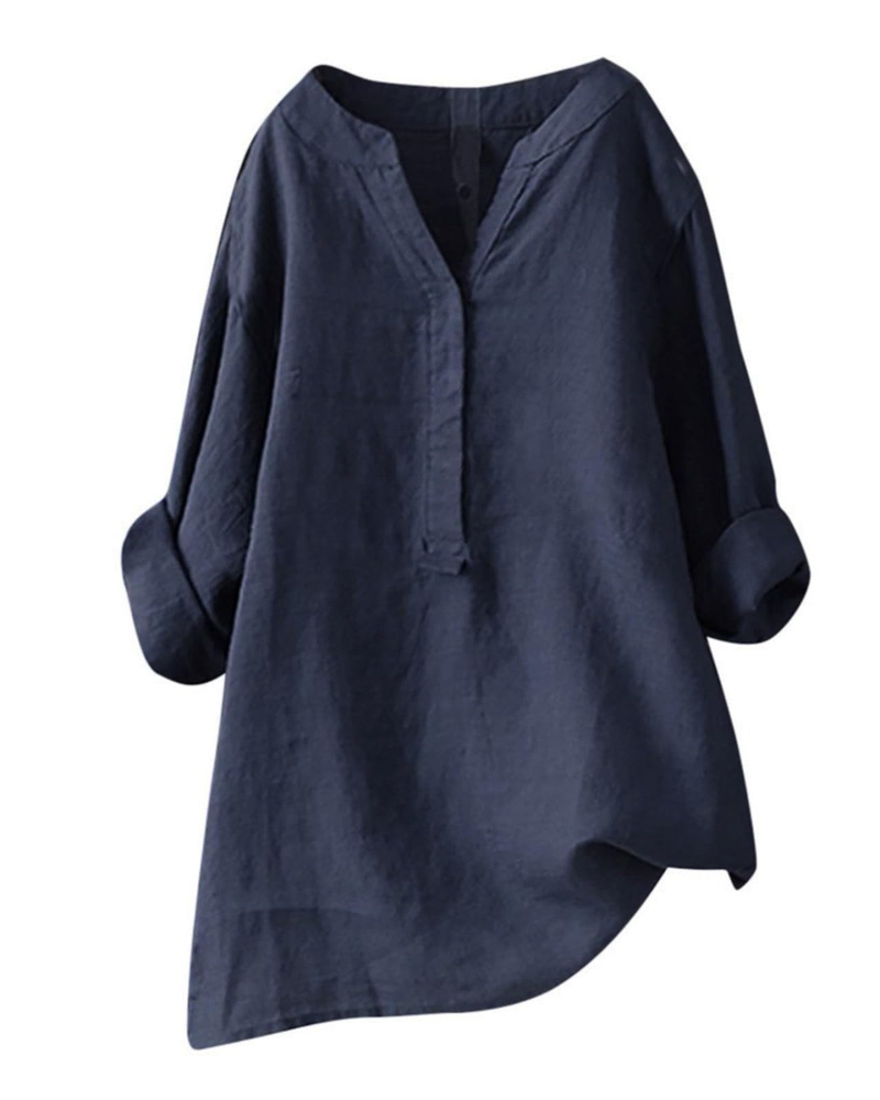Túnica de mujer Anneliese – Algodón y lino, cuello en V, mangas largas, corte holgado