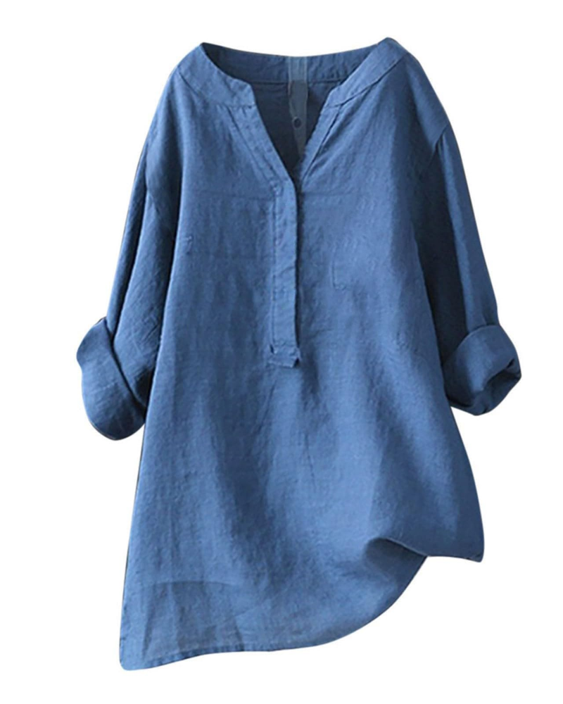 Túnica de mujer Anneliese – Algodón y lino, cuello en V, mangas largas, corte holgado