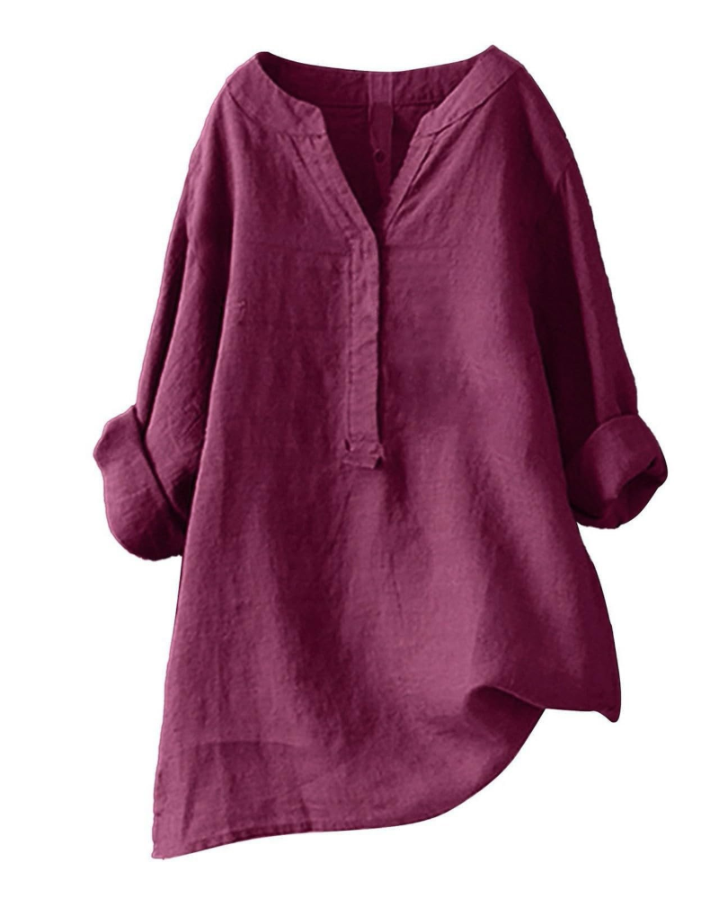 Túnica de mujer Anneliese – Algodón y lino, cuello en V, mangas largas, corte holgado