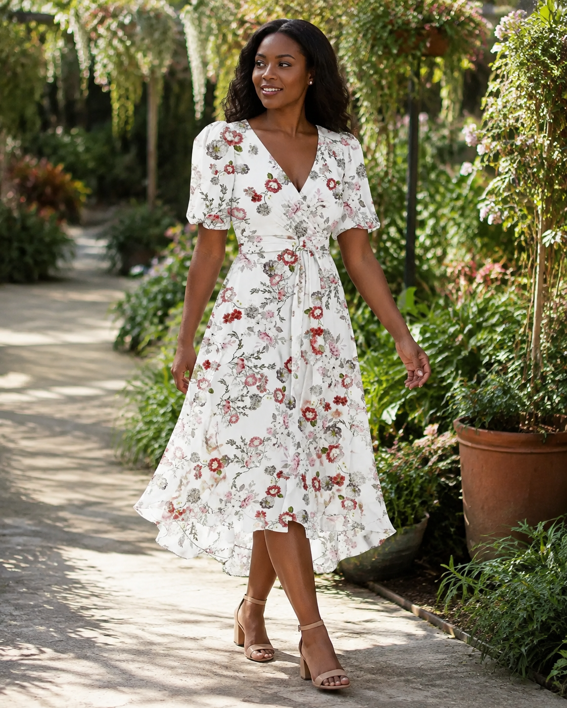 Maëlys Women's Floral Midi Dress – V-Neck Wrap Dress with Adjustable Waist Tie