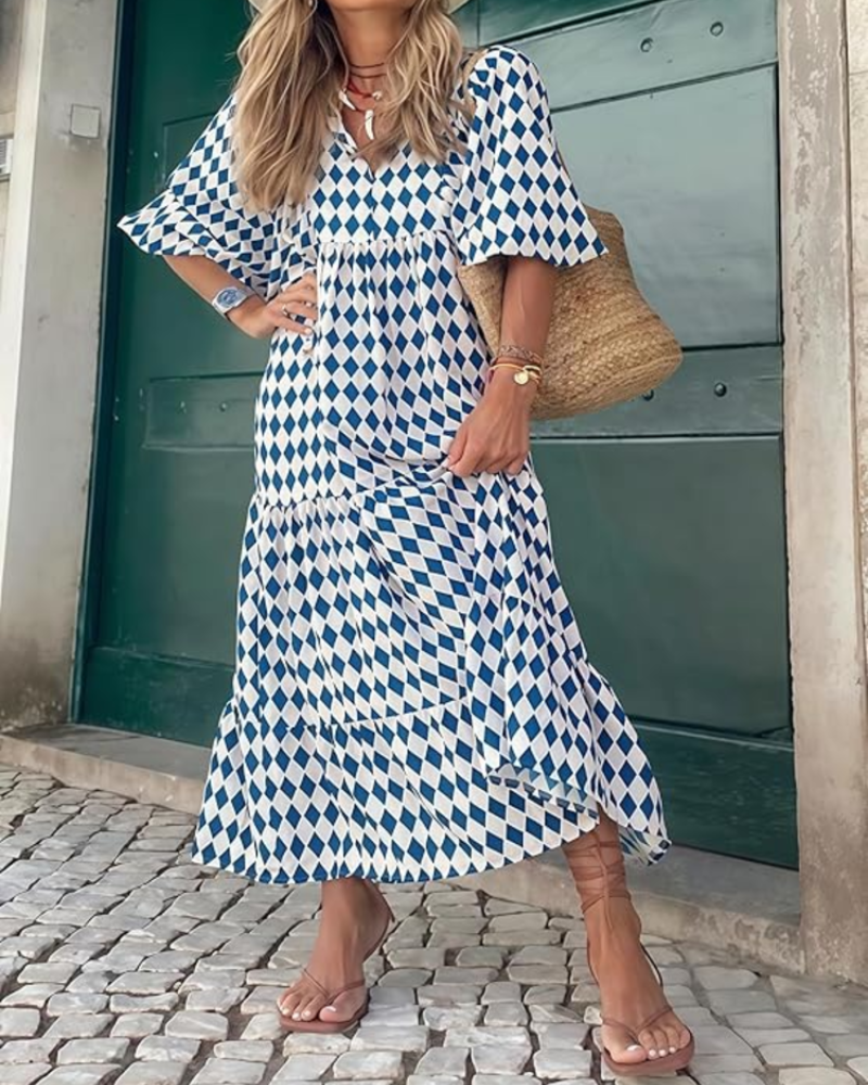 Rina Šaty Boho Femme – Květinový Vzor, Výstřih do V a Lehká Nabíraná Letní Rukávová